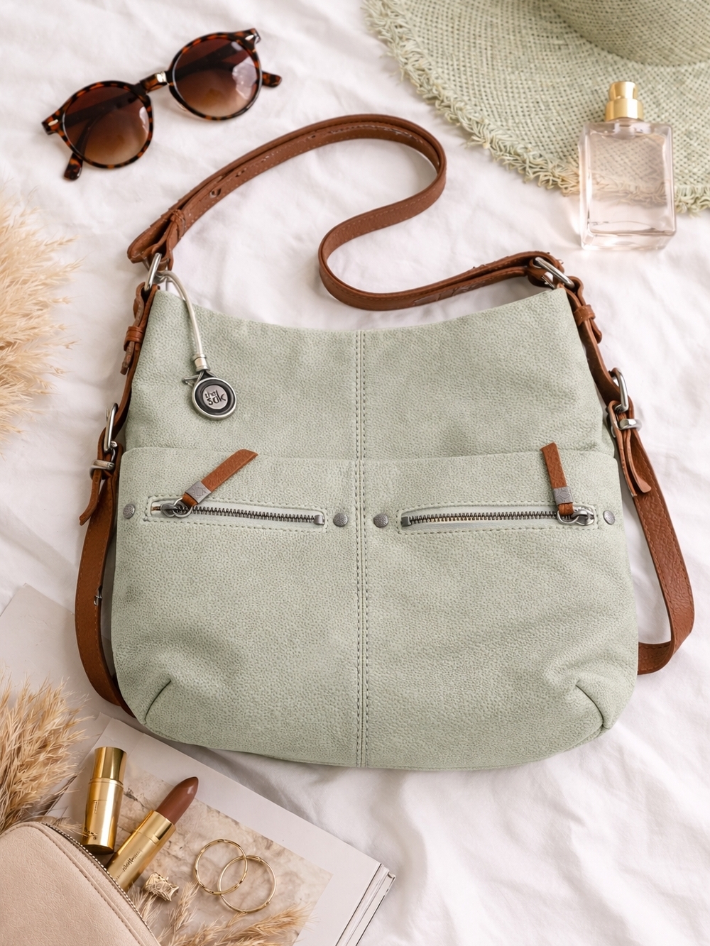 The Sak Sage Green Genuine Leather Crossbody,Boho,Dark Academia, Slouchy Y2K Bag